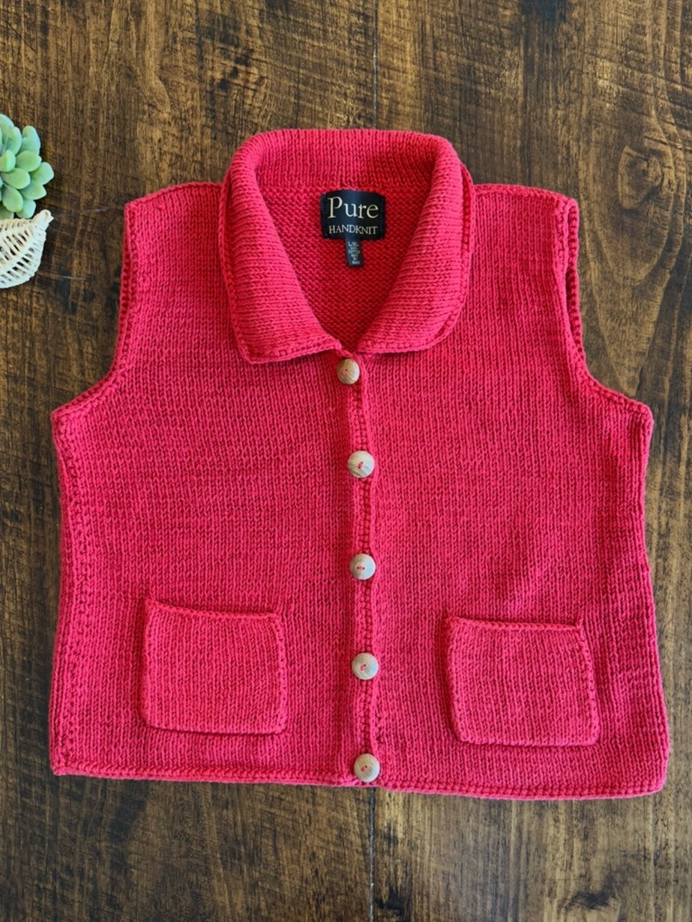 PURE Handknit | Chunky Red Button Front Sweater Vest, Size L/XL